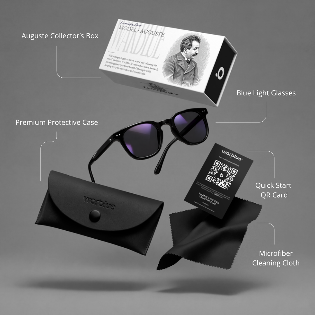 Coffret Collector Auguste avec étui de protection, carte QR et chiffon en microfibre – monture noire