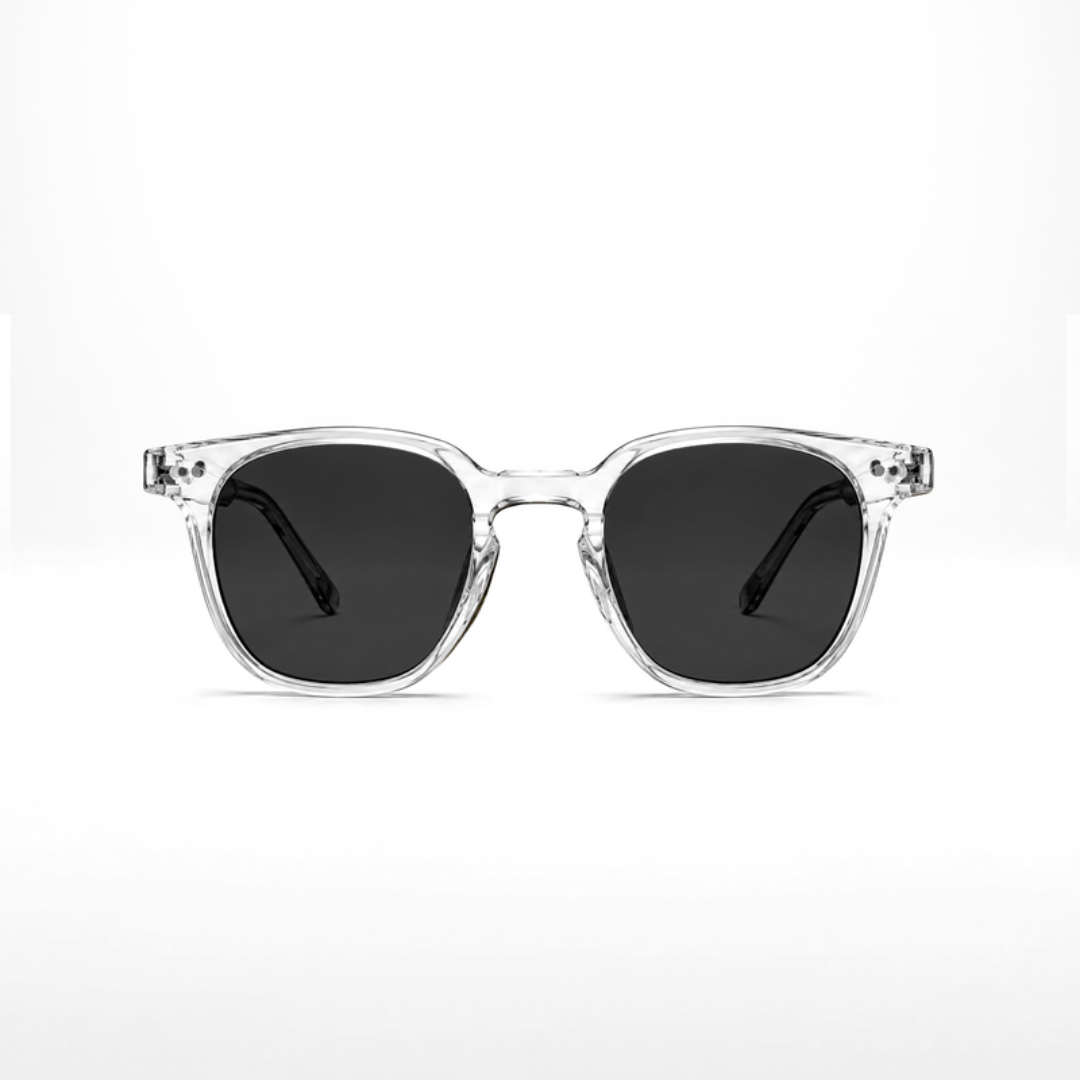 Lunettes de soleil Auguste Crystal – verres gris foncé, monture Crystal transparente, vue de face