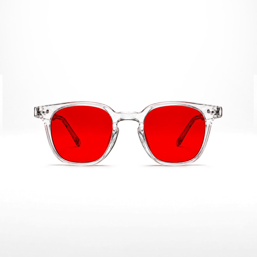 Lunettes Da Vinci Crystal – verres rouges, monture Crystal transparente, vue de face