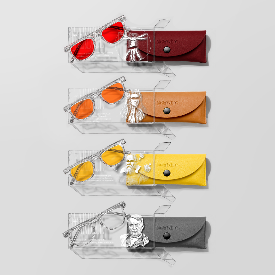 Pack complet WARBLUE Crystal – lunettes Da Vinci, Newton, Galileo et Edison à montures Crystal et coffrets collector