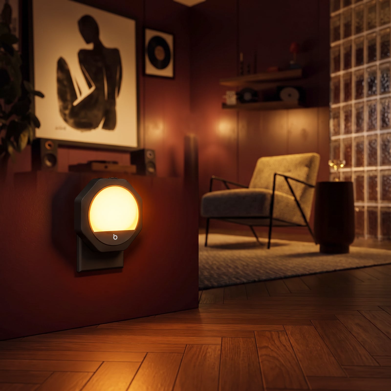 Veilleuse ambre qui éclaire un salon
